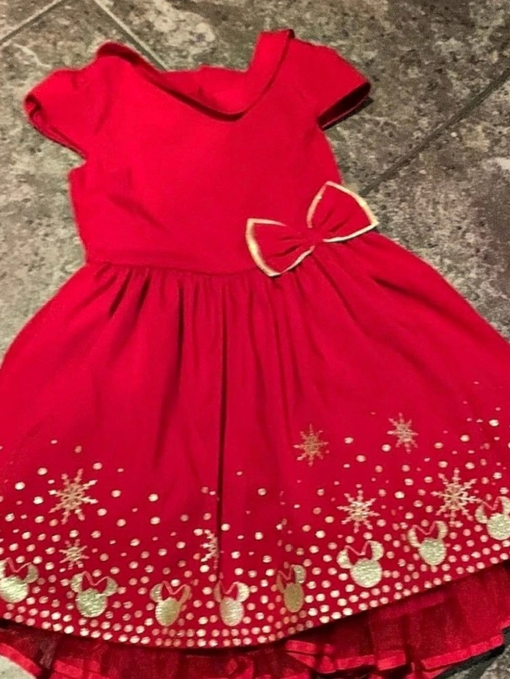 Disney Minnie Mouse Red Holiday Dress with Gold Snowflakes and Bow Gold